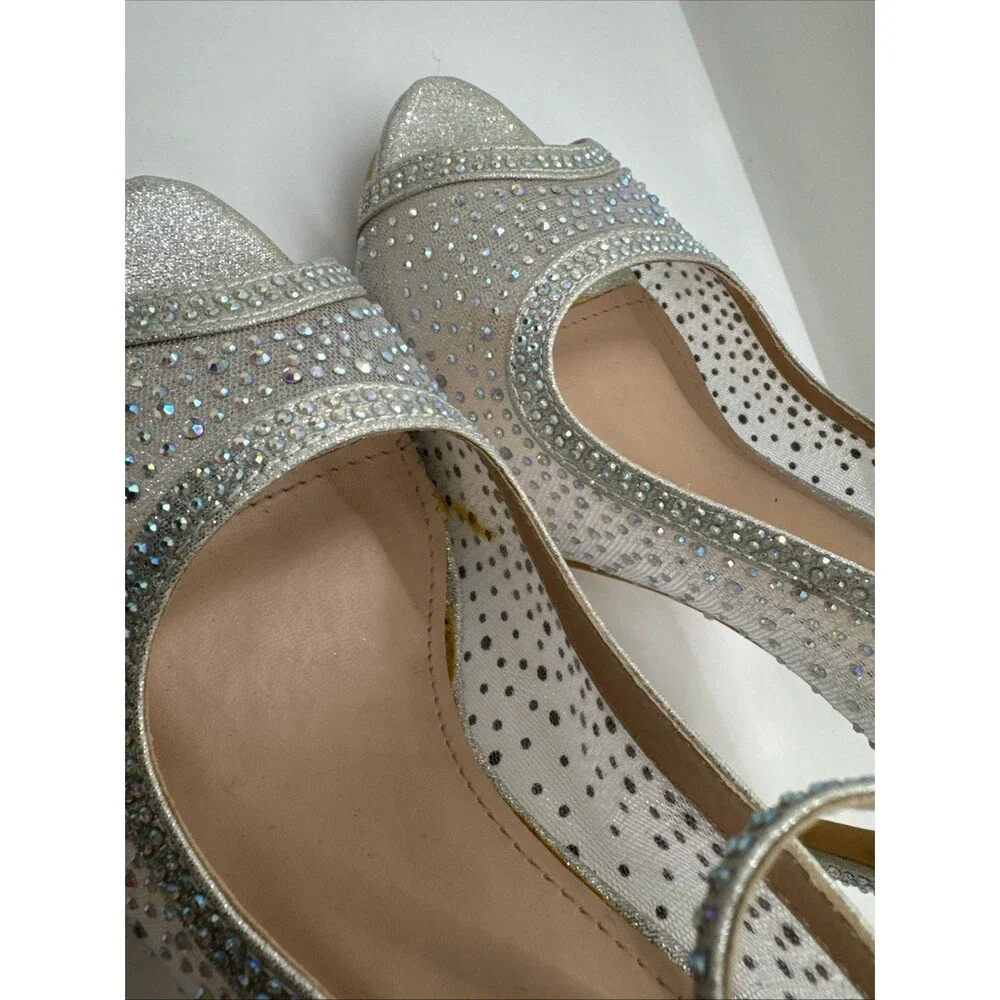 Bella Luna Silver Mesh Jeweled Heel Stiletto narrow Open Toe Shoes Size 7.5